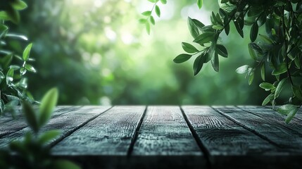 A wooden table with a view of a lush green forest