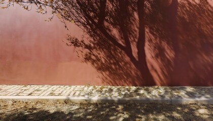Aufkleber - Sunlit Shadows of Tree Branches Cast on Rustic Terracotta Wall with Brick Pathway. Perfect Copy Space for Minimalist Nature-Inspired Designs, Backgrounds, or Creative Outdoor Photography Concepts