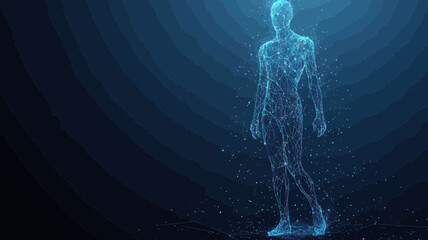 Poster - Low Poly Wireframe Human Figure - Abstract Digital Art Representation of Technology and Science Concept in Blue