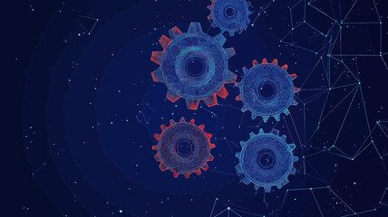 Poster - Polygonal Geometric Gears in Starry Sky, Low Poly Vector Illustration of Mechanical Technology and Engineering, Minimalist SVG