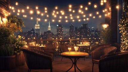 Wall Mural - Jazz terrace with wicker furniture string lights empty glasses and a city skyline softly illuminated in the distance