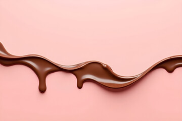 Dripping melted chocolate waves with milk on pink background with copy space. Abstract splash and drips of liquid hot choco cream. Autumn hot warming drink. Food illustration for cafe banner, card, ad