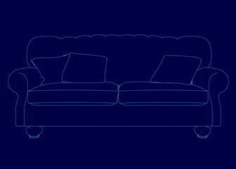 Poster - Blue couch with pillows on it. The couch is shown in a blue drawing