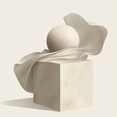 Poster - A serene still life composition featuring a smooth, white sphere atop a textured cube, draped with delicate fabric.