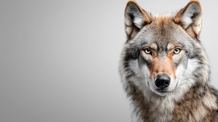  A close up of a wolf's face on a gray background