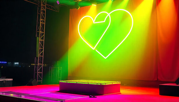 A large glowing neon heart-shaped sign on a red and purple stage with steps and platforms, Valentine blur the abstract background, Neon heart, created with generative ai