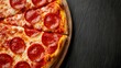 © Albert - A pepperoni pizza on a wooden cutting board on a table