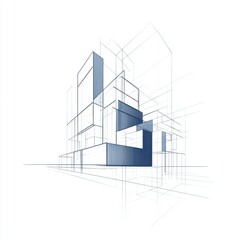 Poster - Abstract architectural sketch with blue lines depicting a modern building design.