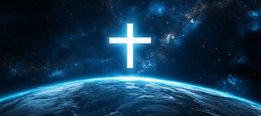 Wall Mural - Glowing Jesus Cross symbol at earth space orbit. Religion faith worship spirituality concept. Generative AI technology.