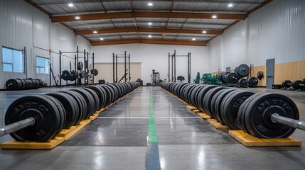 Poster - Rows of barbells lined up in a modern weightlifting training space