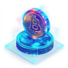 Poster - A glowing blue Bitcoin symbol standing on a futuristic platform, showcasing digital currency innovation.