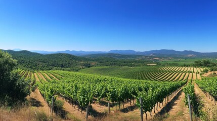 Poster - Vineyard Rows Under A Clear Blue Sky And Distant Mountains
