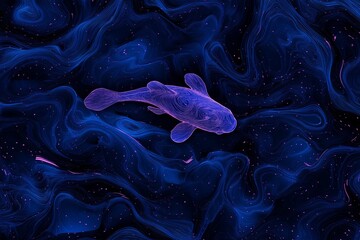 Poster - A fish swimming in a chaotic, glowing sea of abstract waves.