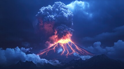 Poster - Majestic Volcano Erupting at Night Under Dark Skies