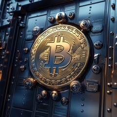 Poster - Close-up of a shiny golden Bitcoin symbol on a futuristic black background, symbolizing digital currency.