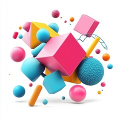 Poster - Colorful abstract shapes in pink, blue, and yellow floating in space, creating a playful atmosphere.