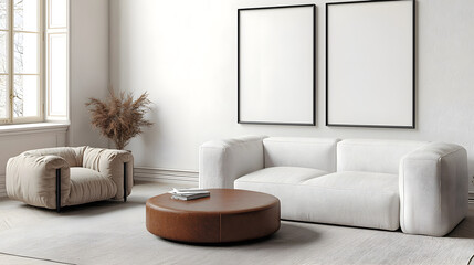 Wall Mural - Elegant minimalist living room with white furniture