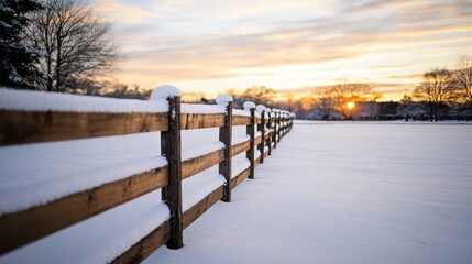 Poster - Snow Covered Fence At Sunrise Winter Scene