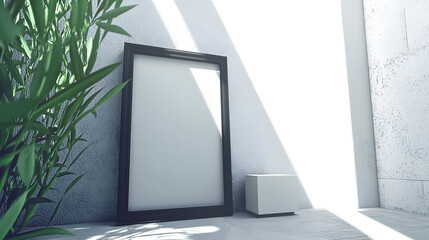 Minimalist room with blank frame and plant