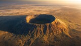 Aerial view of majestic volcanic crater in barren desert landscape at sunset