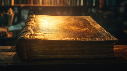 Poster - Antique Leather Bound Book Rests On Wooden Surface