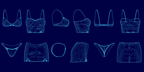 Poster - Series of blue images of lingerie and underwear. The images are all different shapes and sizes, but they all have a similar design. Scene is playful and fun, as the lingerie is designed to be sexy
