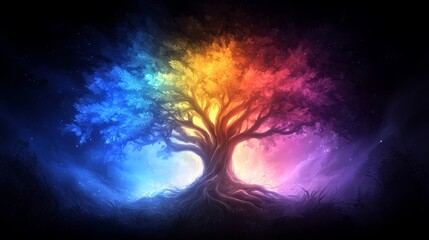 Wall Mural - a colorful tree of life in the middle of a dark night sky