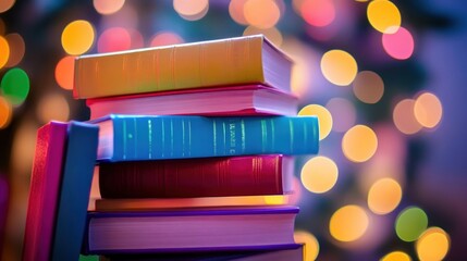 Poster - Colorful Books Stacked Against Festive Lights