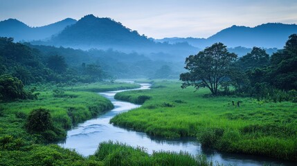 Aufkleber - Serene River Winding Through Lush Green Valley And Misty Mountains