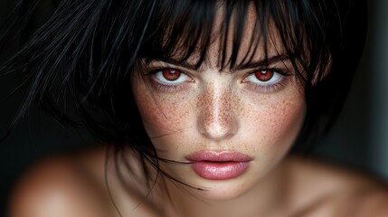 Poster - A close up of a woman with freckles on her face