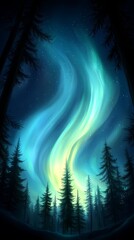 Poster - A picture of the aurora borealis in the night sky over a forest