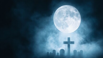 Wall Mural - a cross in the middle of a graveyard under a full moon