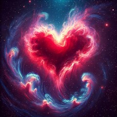 glowing red heart-shaped nebula in outer space with swirling purple and blue gases, symbolizing love
