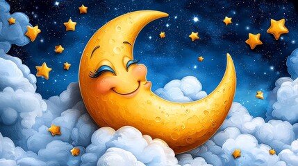Wall Mural - a cartoon moon with a smiley face in the sky surrounded by clouds and stars