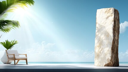 Poster - A large rock sitting on top of a beach next to a palm tree