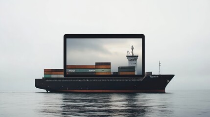 Poster - Cargo Ship Displayed On Laptop Screen At Sea