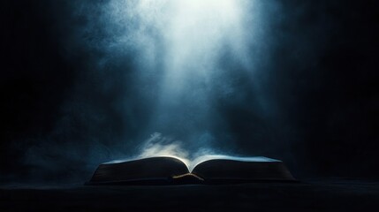 Poster - Ancient Book Illuminated By Light In Smoky Darkness