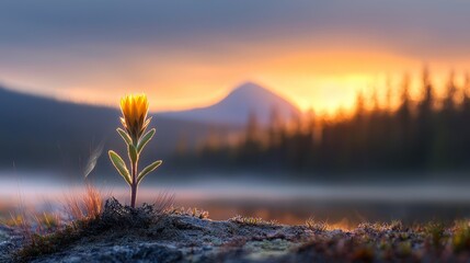 Poster - A small plant growing out of a rock in front of a mountain