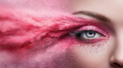 Wall Mural -  A close up of a woman's eye with pink powder on her face