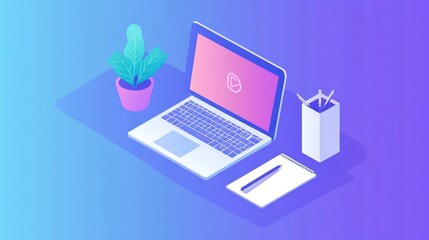 Poster - Modern Workspace Laptop Plant Notepad Pencils