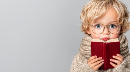 Poster - A little boy wearing glasses reading a book