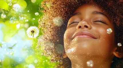 Poster - A young girl with her eyes closed and a dandelion in her hair