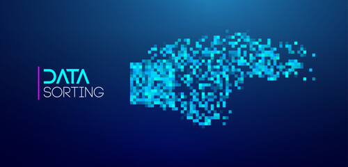 Poster - Blue pixelated abstract representation of big data sorting on a dark background. Big data blue technology background.