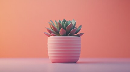 Poster - Pink Potted Succulent Against Coral Background