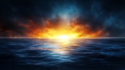 Wall Mural - a sunset over the ocean with a bright orange and blue sky