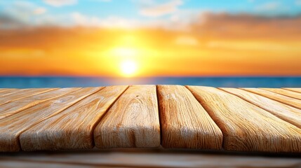 Poster - A wooden table with a sunset in the background