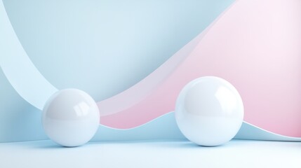 Poster - Two White Spheres Resting on Pastel Blue and Pink Waves