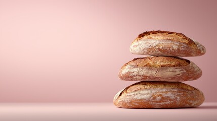 Wall Mural - A stack of three loaves of bread on a pink background