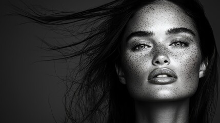 Wall Mural - A black and white photo of a woman with freckles on her face