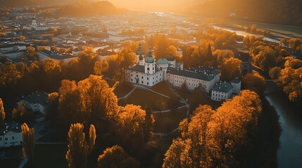 Wall Mural - Aerial view of a scenic landscape with historical architecture surrounded by autumn foliage.